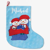 Oma kleinkind geknuffeld sneeuwmannen kerst grote kerstsok (Voorkant)