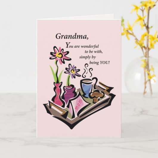 Oma, Moederdag, Ontbijt in bed, Roze Kaart (Gele Bloem)