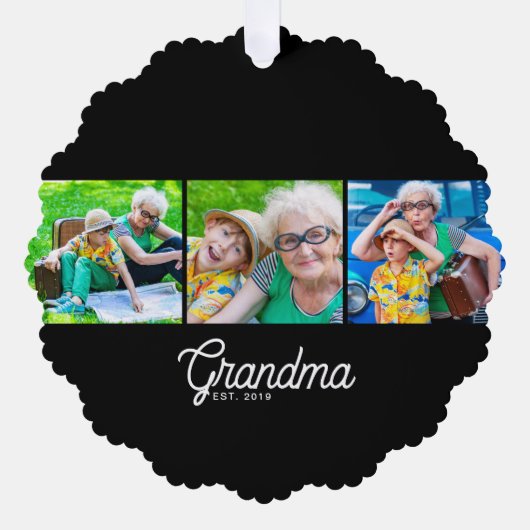 Oma Opgericht Script Zwart 3 Foto Ornament Kaart (Voorkant)
