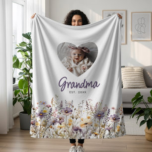 Oma Paarse Aquarel Wilde Bloemen & Foto Cadeau Fleece Deken