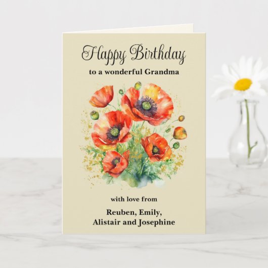 Oma Rustic Rode Klaprozen Bloem Happy Verjaardag Kaart (Kleine Plant)