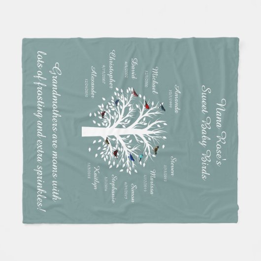 Oma Tree, 10 Names & Dates, wit op blauw Fleece Deken (Voorkant (Horizontaal))
