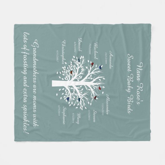 Oma Tree, 8 Names & Dates, wit op blauw Fleece Deken (Voorkant (Horizontaal))