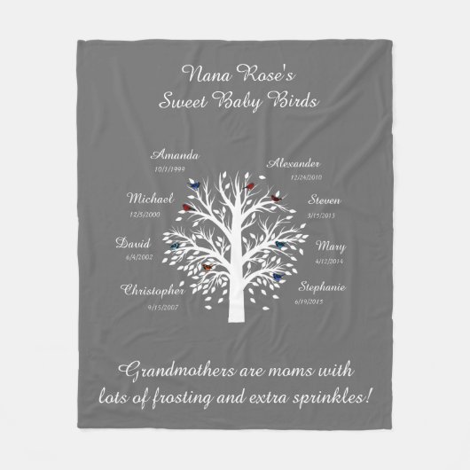 Oma Tree, 8 Names & Dates, wit op grijs Fleece Deken (Voorkant)