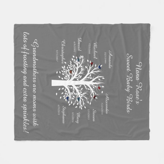 Oma Tree, 8 Names & Dates, wit op grijs Fleece Deken (Voorkant (Horizontaal))