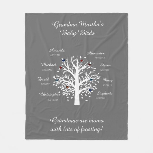 Oma Tree, 8 Names & Dates, wit op taupe Fleece Deken (Voorkant)