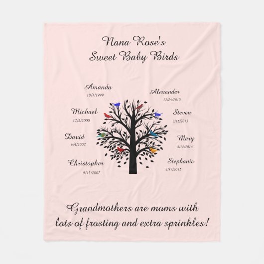 Oma Tree, 8 Names & Dates, zwart op roze Fleece Deken (Voorkant)