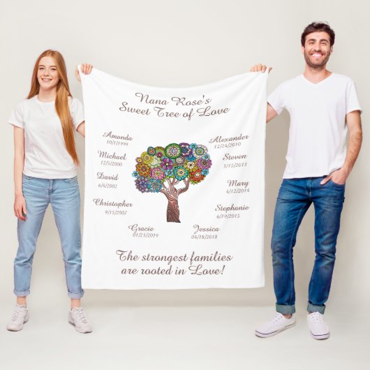 Oma Tree floral, Bruin op Wit 10 Namen/Data Fleece Deken (In situ)