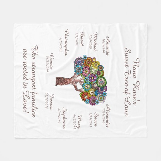 Oma Tree floral, Bruin op Wit 10 Namen/Data Fleece Deken (Voorkant (Horizontaal))