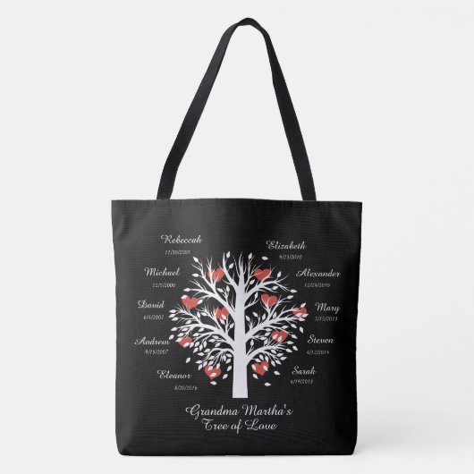Oma Tree (harten) 10 namen/verjaardagen Canvas tas (Voorkant)