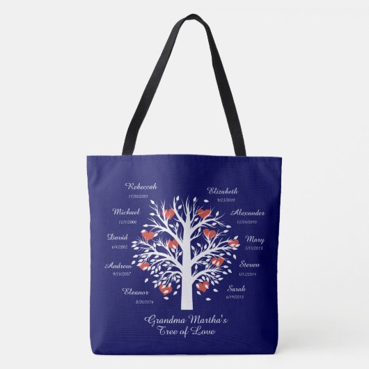 Oma Tree (harten) 10 namen/verjaardagen Canvas tas (Voorkant)