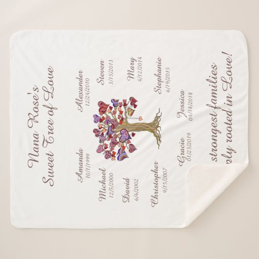 Oma Tree harten, bruin op White 10 Names/Dates Sherpa Deken (Voorkant (horizontaal))