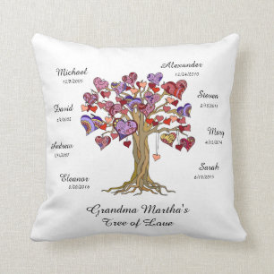 Oma Tree (harten) op White met 8 Names/Dates Kussen