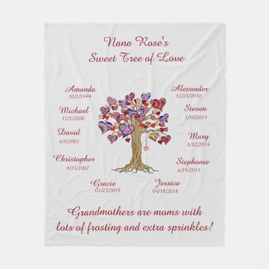 Oma Tree (harten) Rood op grijs 10 namen en data Fleece Deken (Voorkant)