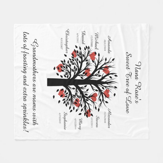 Oma Tree (harten), Zwart/Wit 8 Namen & Datums Fleece Deken (Voorkant (Horizontaal))