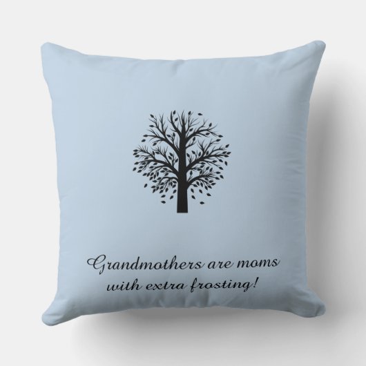 Oma Tree, zwart op poeder Blauw 8 namen en data Kussen (Achterkant)