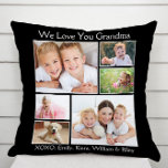 Oma we houden van je zwarte foto kussen<br><div class="desc">Geniet grootmoeder met deze aangepaste foto-collage zwarte kussen. Je kunt je personaliseren met zes familiefoto's van kleinkinderen, familieleden, huisdieren, enz., en je kunt de expressie aanpassen aan "Ik hou van je" of "We houden van je", en of ze "oma", "Nana", "Mommom" enz. wordt genoemd. Je kunt ook de namen van...</div>