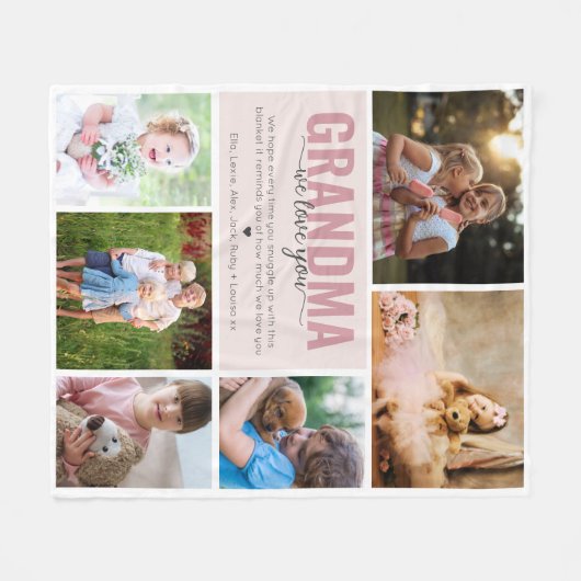 Oma We Love You Fotocollage Roze Fleece Deken (Voorkant (Horizontaal))