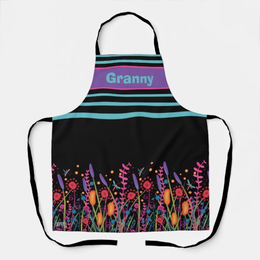 Oma Wildflower Zwart Custom Inspirivity Schort (Voorkant)