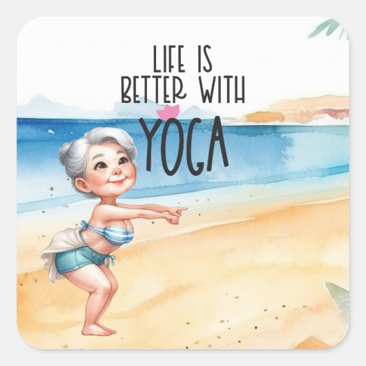 Oma Yoga Pose aan het strand Vierkante Sticker (Voorkant)