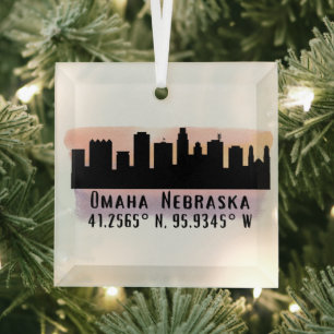 Omaha NE City Skyline Glass Ornament