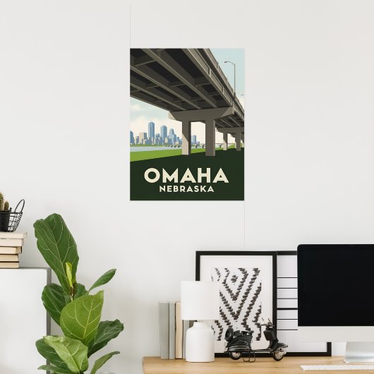 Omaha Nebraska skyline underneath a large overpass Poster (Thuiskantoor)