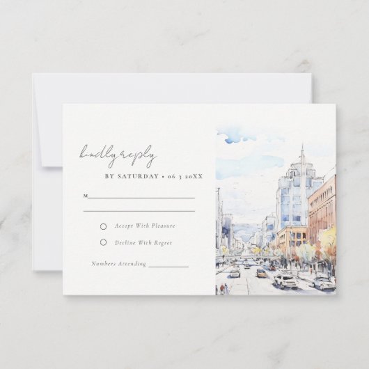 Omaha Nebraska Watercolor Landscape Wedding RSVP Kaartje (Voorkant)