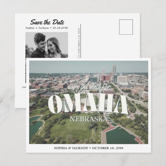 Omaha Wedding Save the Date Retro Skyline Briefkaart (Voorkant / Achterkant)