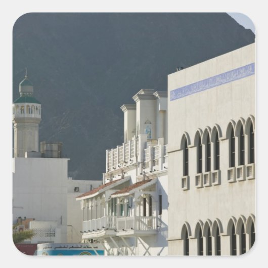 Oman, Muscat, Mutrah. Mutrah Corniche-moskee en Vierkante Sticker (Voorkant)