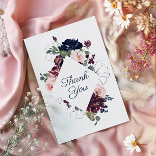 Omarm bloemenbruiloft   Bourgondisch marineblauw Bedankkaart