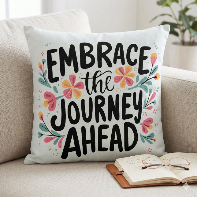 Omarm de Reis die Vooruit Boho Bloem Typografie Kussen (Embrace the Journey Ahead Boho Floral Typography Throw Pillow Mockup D)