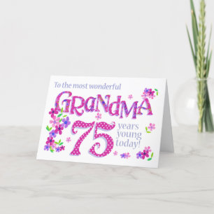 Oma's 75e verjaardag woordkunst met bloemen kaart