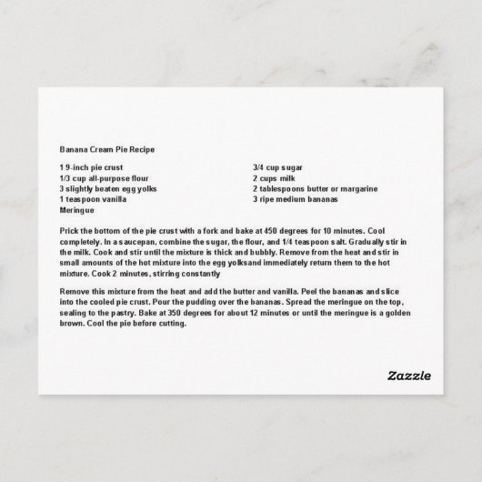 Oma's Banana Cream Pie Recipe Briefkaart (Achterkant)