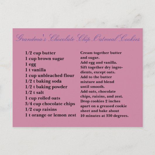 Oma's Chocolade Chip Havermout Raisin Cookies Briefkaart (Voorkant)