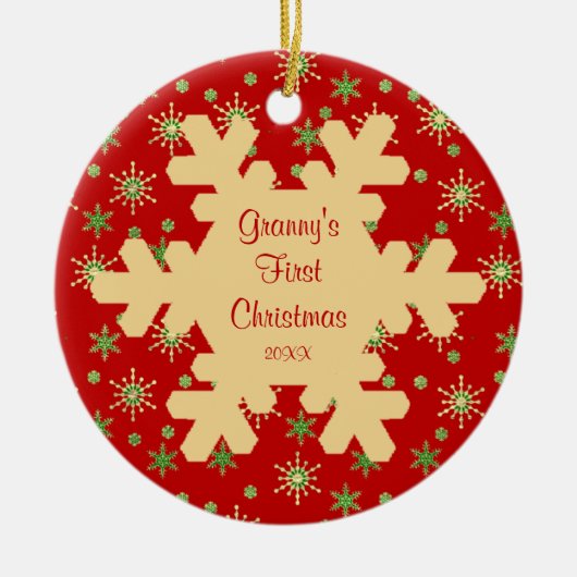 Oma's eerste kerst rode sneeuwvlok ornament (Voorkant)