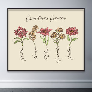Oma's Flower Garden 5 Grandkids Naam Floral Poster