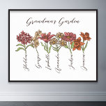 Oma's Flower Garden 6 Grandkids Naam Floral Poster<br><div class="desc">Deze oma's tuinbloem en kleinkinderen Naam custom design is een heerlijke mix van charme en gepersonaliseerde warmte. Het is de perfecte toevoeging aan het oase van elke grootmoeder, die de schoonheid van een botanische tuin direct in haar huis brengt. Met een prachtige bloemenillustratie die de essentie van oma's tuin vastlegt,...</div>