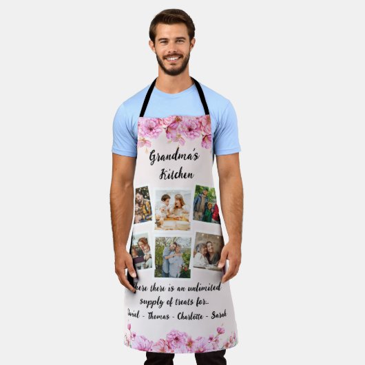 Oma's Keuken Bloem | Aangepaste 6 foto's en namen Schort (Gedragen)