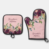 Oma's Keuken Bourgondië Blush Roze Bloemen Ovenwant & Pannenlap Set