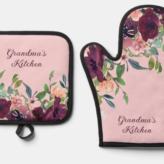 Oma's Keuken Bourgondië Blush Roze Bloemen Ovenwant & Pannenlap Set