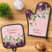 Oma's Keuken Bourgondië Blush Roze Bloemen Ovenwant & Pannenlap Set