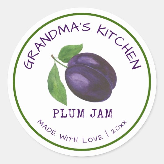 Oma's keuken gemaakt met Love Plum Jam Classic Ronde Sticker (Voorkant)