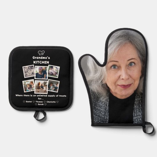 Oma's keuken met familiefoto Collage & Naam Ovenwant & Pannenlap Set (Voorkant)