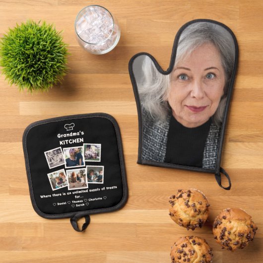 Oma's keuken met familiefoto Collage & Naam Ovenwant & Pannenlap Set (Top down)