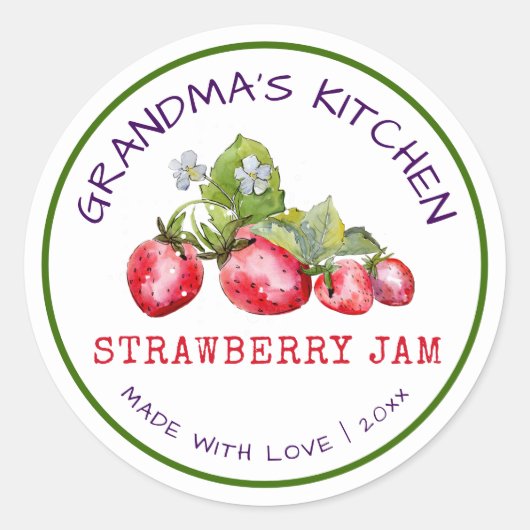 Oma's Keuken Met Liefde Gemaakte Aardbei Jam  Ronde Sticker (Voorkant)