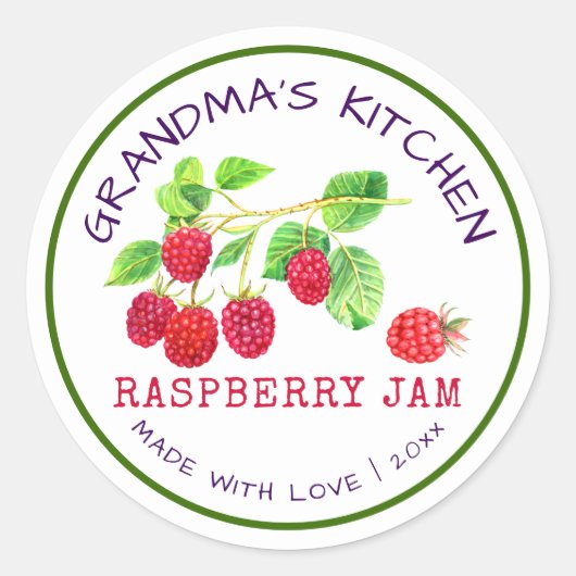 Oma's Keuken Met Liefde Gemaakte Frambozenjam Ronde Sticker (Voorkant)