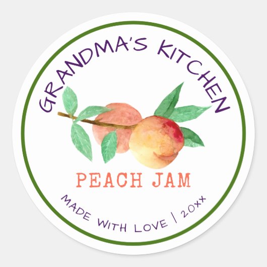 Oma's Keuken Met Liefde Gemaakte Perzikjam Ronde Sticker (Voorkant)