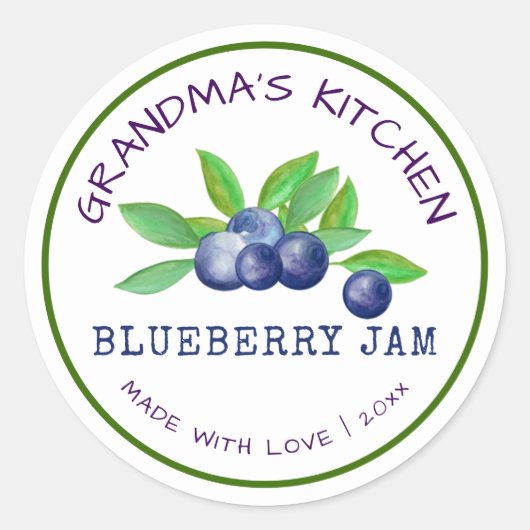Oma's Kitchen gemaakt met Love Blueberry Jam Ronde Sticker (Voorkant)