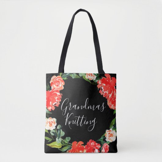 Oma's Knitting Red Waterverf Floral Black Tote Bag (Voorkant)