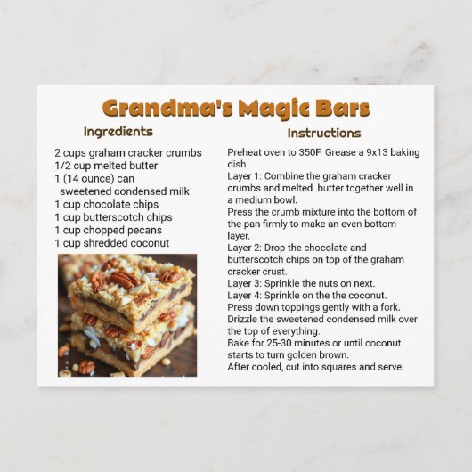 Oma's Magic Cookie Bars Recept Kaart (Voorkant)